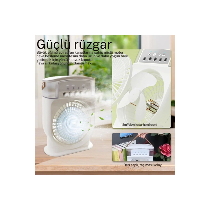 Şarjlı 600 Ml Su Hazneli Taşınabilir Masaüstü Vanilatör Güçlü Fan Ve 2000 Mah Pil Beyaz