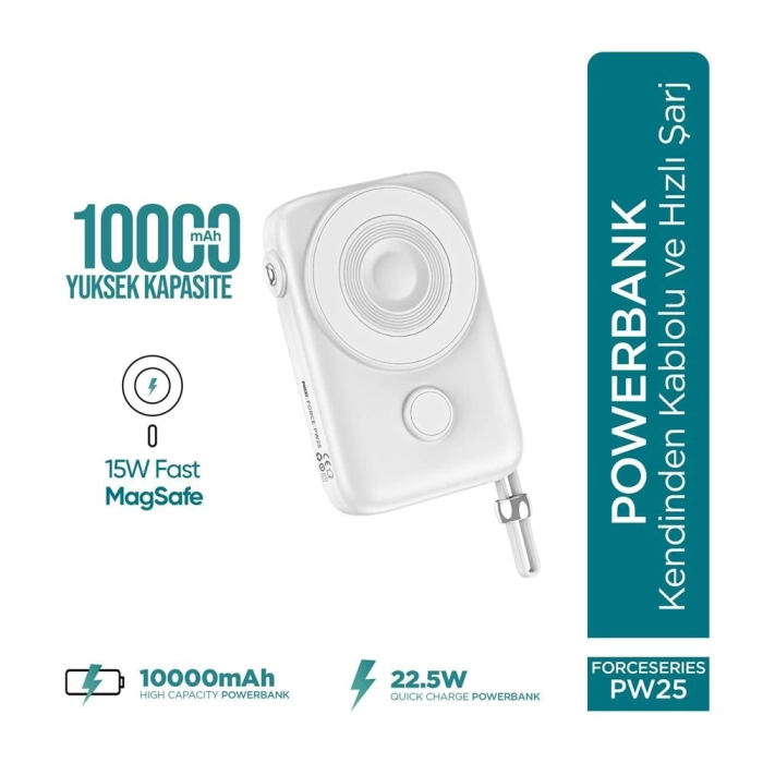 Force Pw25 10000mah 22.5w Kendinden Kablolu Magsafe Powerbank - Kablosuz Mini Şarj Cihazı - Dijital Ekran - Taşınabilir Şarj Cihazı