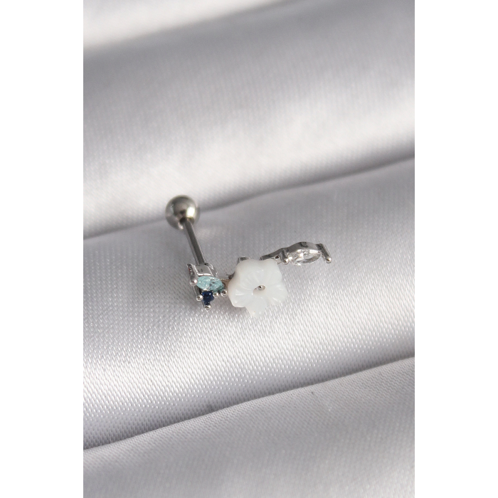 BFS 316L Çelik Gümüş Renk Zirkon Taş Detay Beyaz Çiçek Model Tragus Piercing
