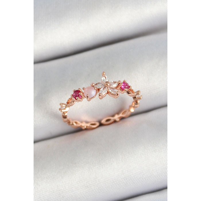 BFS Pirinç Papatya Figürlü Zirkon Taşlı Rose Gold Renk Ayarlanabilir Kadın Yüzük