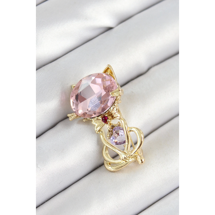 BFS Pembe Zirkon Taşlı Kap Detaylı Kedi Figürlü Gold Renk Kadın Broş