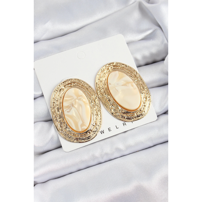 BFS Pirinç Mermer Desenlli Bej Sedef Oval Vintage Model Gold Renk Kadın Küpe