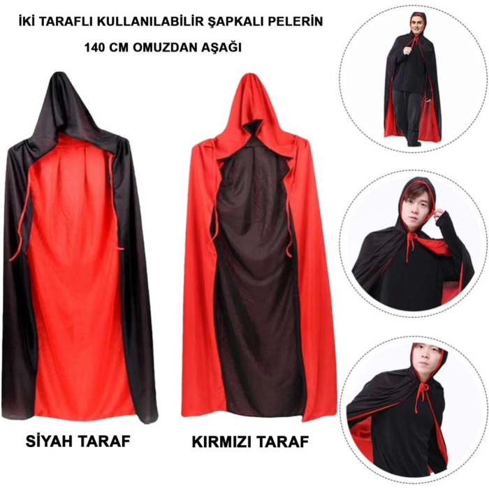BFS   Çift Taraflı Kullanılabilir Siyah Kırmızı Kapişonlu Pelerin 140 cm Yetişkin