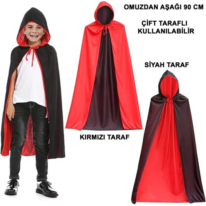 BFS   Çift Taraflı Kullanılabilir Siyah Kırmızı Kapişonlu Pelerin 90 cm Çocuk