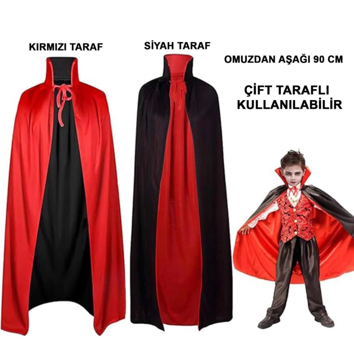 BFS   Çift Taraflı Kullanılabilir Siyah Kırmızı Kapişonlu Pelerin 90 cm Çocuk