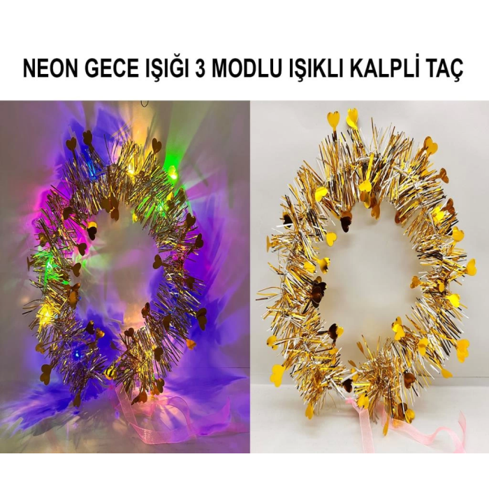 BFS   Kalp Püsküllü Gece Parıltısı 3 Modlu LED&amp;#39;li Işıklı Taç Altın Renk