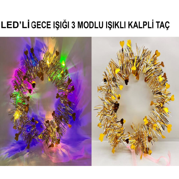 BFS   Kalp Püsküllü Gece Parıltısı 3 Modlu LED&amp;#39;li Işıklı Taç Altın Renk