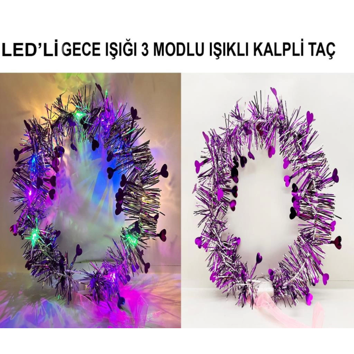 BFS   Kalp Püsküllü Gece Parıltısı 3 Modlu LED&amp;#39;li Işıklı Taç Mor Renk
