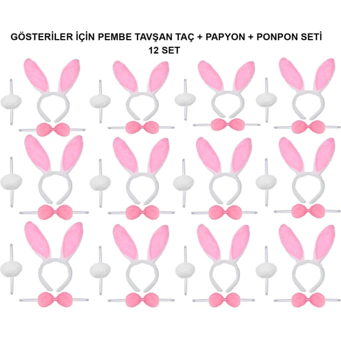 BFS   Pembe Tavşan Kostüm Seti – Taç, Papyon, Ponpon (12’li Paket)