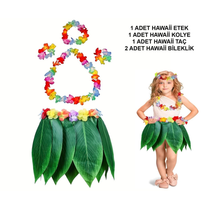 BFS   Çocuk Hawaii Kostüm Seti - Yaprak Etek &amp; Hawaii Set - 5 Parça