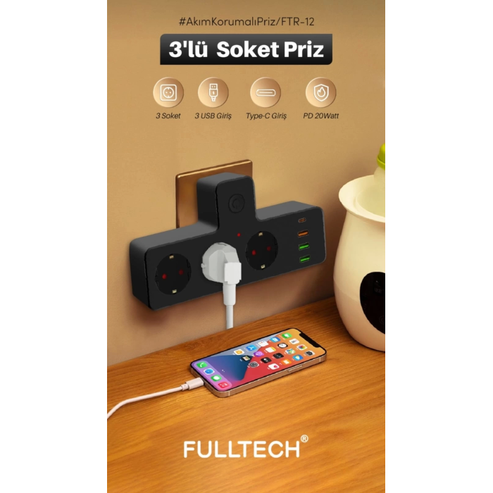 BFS Termal Akım Korumalı Isıya Dayanıklı 3’lü Priz 3x Usb 1x Type-c