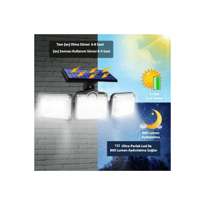 Kumandalı Solar Güneş Enerjili 122 Ledli Hareket Sensörlü Bahçe Aydınlatma Sokak Lambası