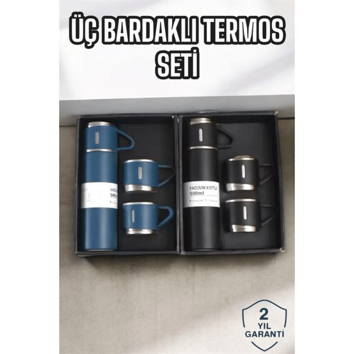 Şık ve Dayanıklı 3 Bardaklı Termos Seti Uzun Süre Isı Koruma Özellikli