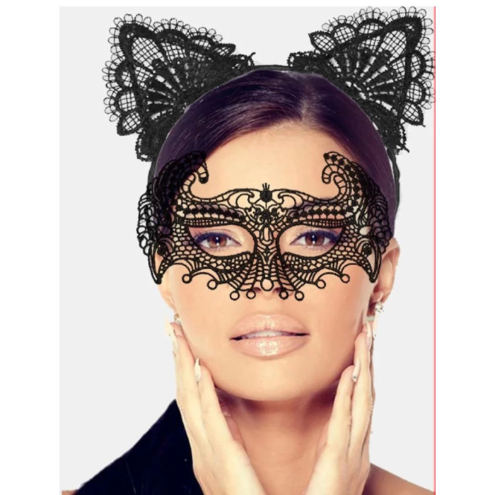 BFS   Siyah Renk Dantel Maske ve Dantel Kulak Taç Seti Yetişkin No 4