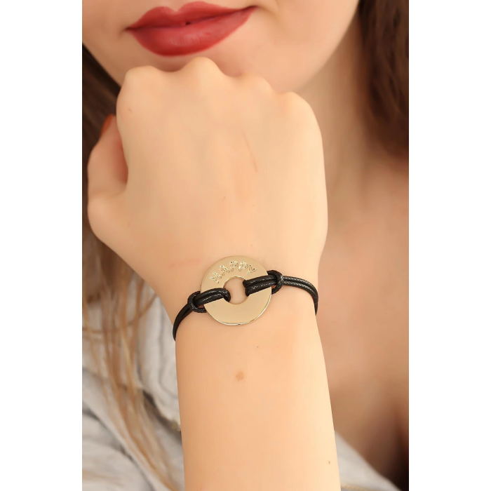 BFS HAPPY (Mutlu) Siyah Deri İpli Unisex Mood Bileklik