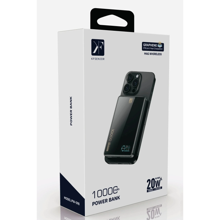 BFS  PW598 10.000 mAh Dijital Göstergeli 20W Type-C ve 15W Kablosuz Şarj PD Hızlı Şarj Magsafe Powerbank - Siyah