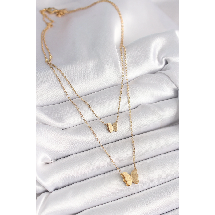 BFS 316L Çelik Gold Renk 2Li Simli Kelebek Model Kadın Kolye
