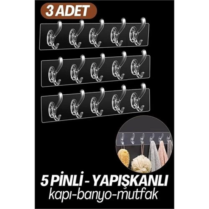BFS  5 Pinli 3 lü set Yapışkanlı Askı Xenoty Design