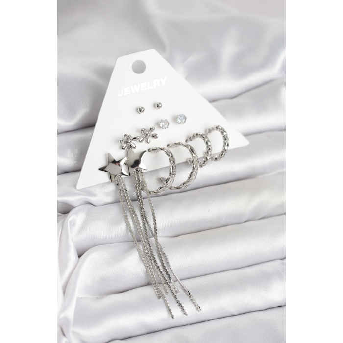 BFS Gümüş Renk Pirinç 6 Çift Kadın Küpe Seti