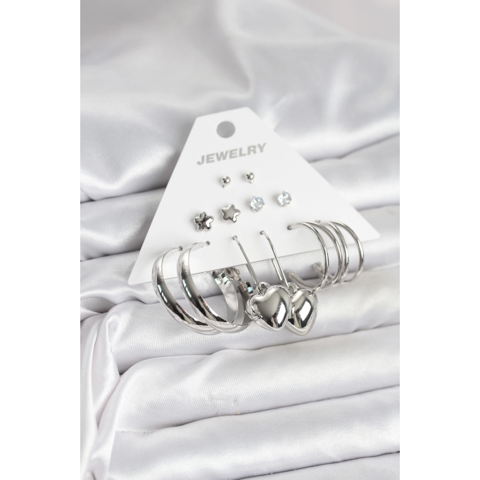 BFS Pirinç Gümüş Renk 6 Çift Kadın Küpe Seti