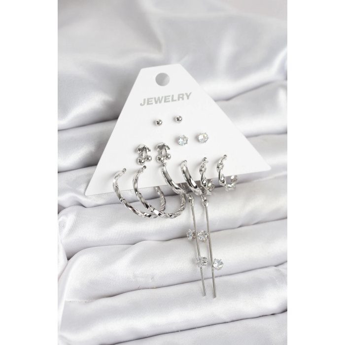 BFS Gümüş Renk Pirinç 6lı Kadın Küpe Seti