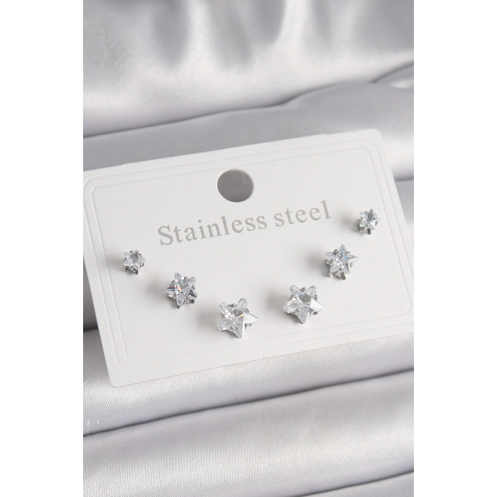 BFS 316L Çelik Gümüş Renk Zirkon Taşlı Yıldız Model Kadın Küpe Seti