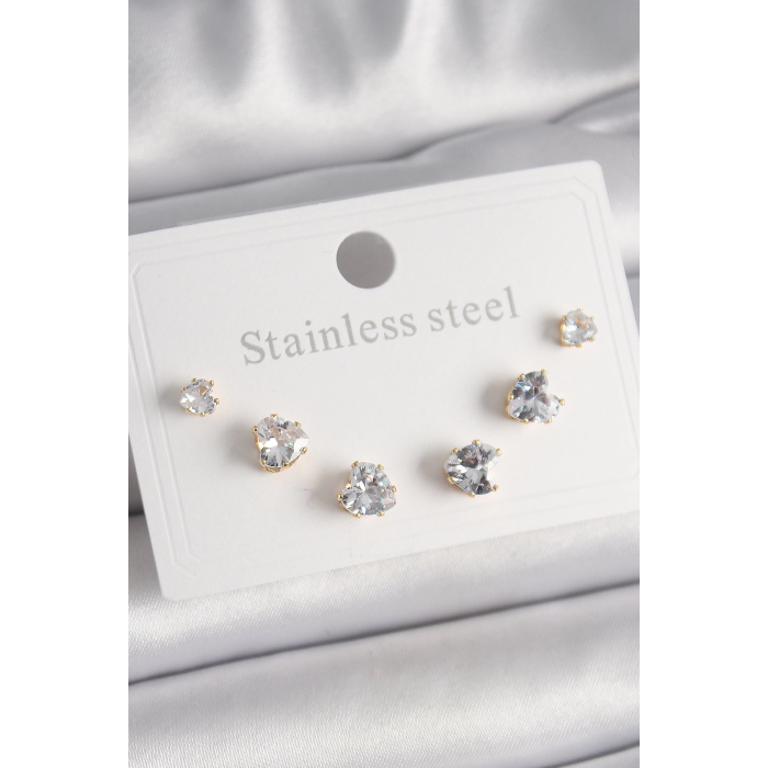 BFS 316L Çelik Gold Renk Zirkon Taşlı Kalp Model Kadın Küpe Seti