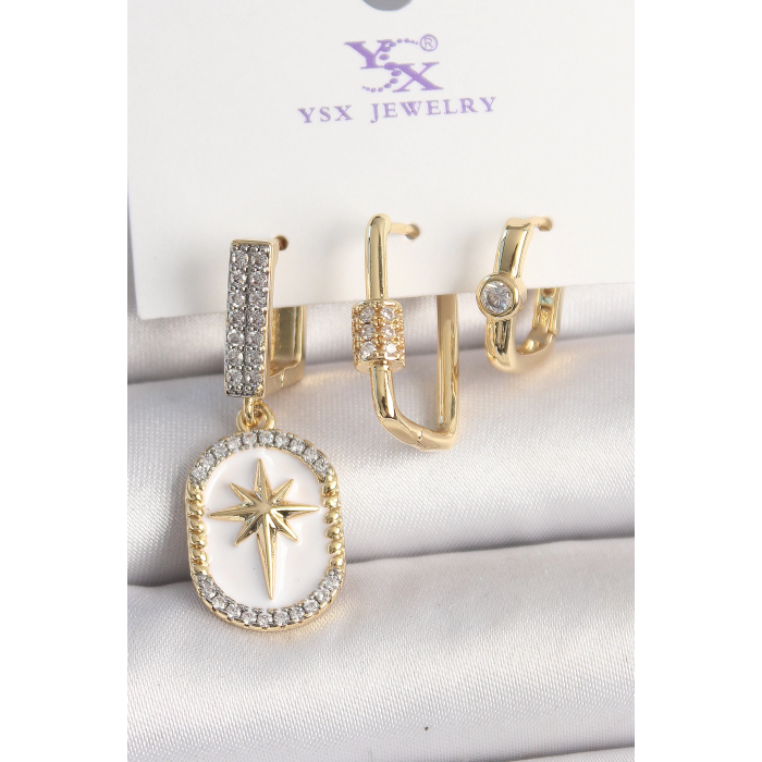 BFS Pirinç Gold Renk Sallantı Zirkon Taş İşlmeli Yıldız Portre Model 3Lü Kadın Kombin Küpe