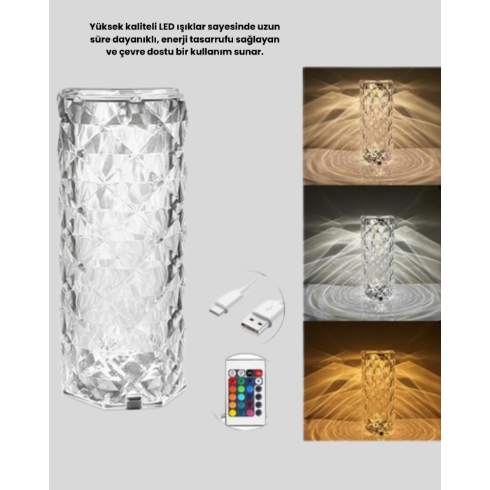 Kristal RGB LED’li Kumandalı Masa ve Gece Lambası – Renkli Işık Modlarıyla Şık Dekoratif Aydınlatma