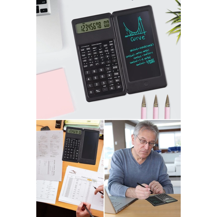 Silinebilir LCD Yazı Tabletli,Kalemli Katlanabilir Bilimsel Hesap Makinesi