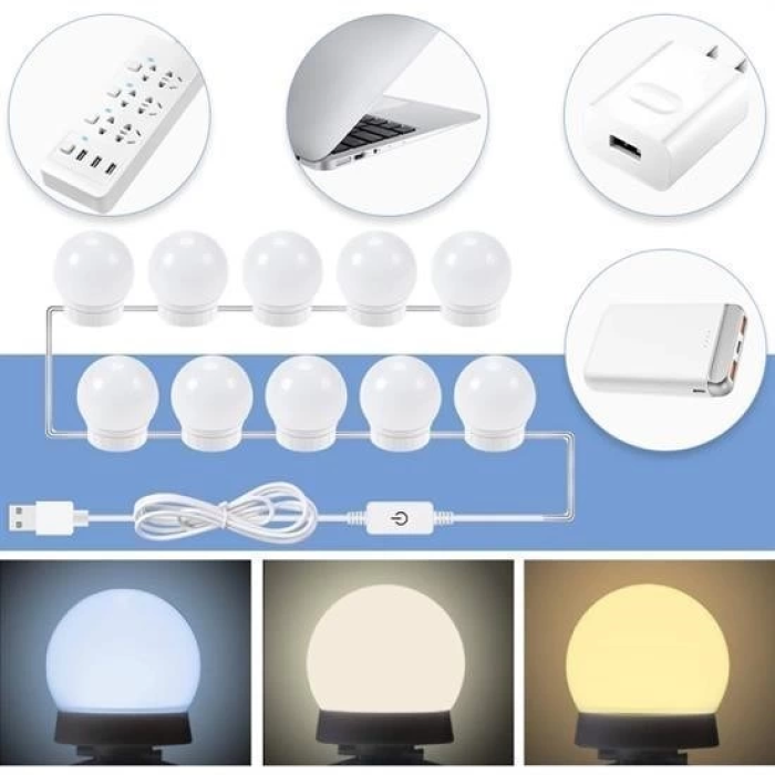 Nostalji Hollywood Tarzı 10lu Makyaj Masası Aynası Beyaz Led Işıklı a USB