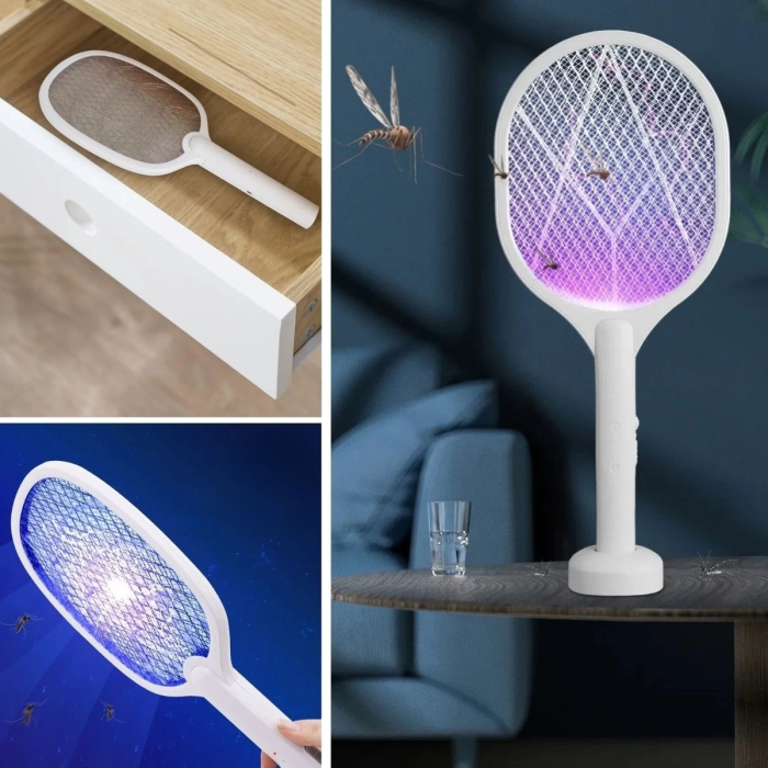 Şarjlı Sinek Öldürücü Masaüstü Standlı,Mor Işık Sinek Kovucu Raket 5w