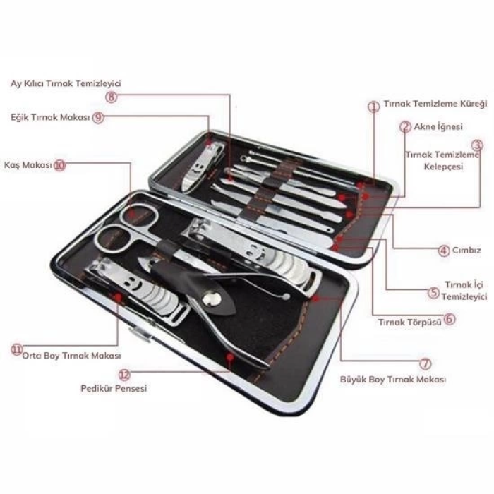 Çantalı Manikür Pensi Profesyonel ve Manikür Pedikür Seti 13 Parça Tırnak Eti İtici Ve Cımbı