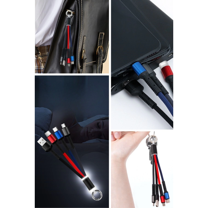 Işıklı Anahtarlık Model 3 in 1 USB Çıkışlı MİKRO,TYPE-C ve İphone Uyumlu Şarj Kablosu