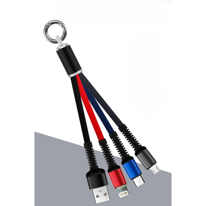 Işıklı Anahtarlık Model 3 in 1 USB Çıkışlı MİKRO,TYPE-C ve İphone Uyumlu Şarj Kablosu