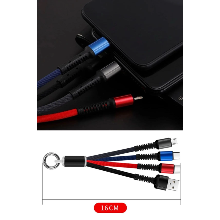 Işıklı Anahtarlık Model 3 in 1 USB Çıkışlı MİKRO,TYPE-C ve İphone Uyumlu Şarj Kablosu