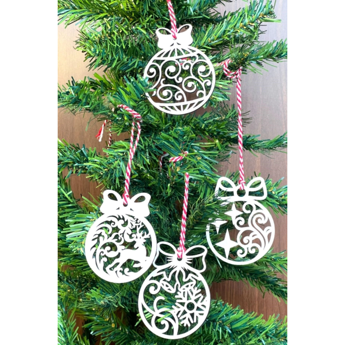 10 Parça Kırmızı Beyaz İpli Fiyonk Model Ahşap Yılbaşı Ağaç Süsü