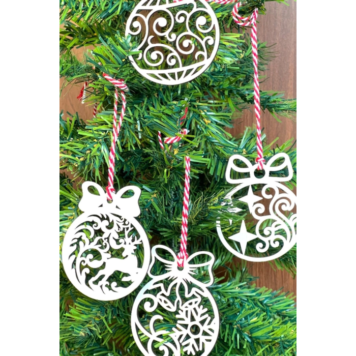 10 Parça Kırmızı Beyaz İpli Fiyonk Model Ahşap Yılbaşı Ağaç Süsü