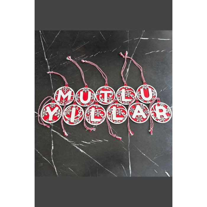 11 Harfli Kırmızı Beyaz İpli MUTLU YILLAR Yazılı Ahşap Yılbaşı Ağaç Süsü