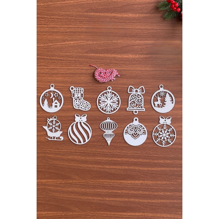 10 Parça Kırmızı Beyaz İpli Karışık Model Ahşap Yılbaşı Ağaç Süsü