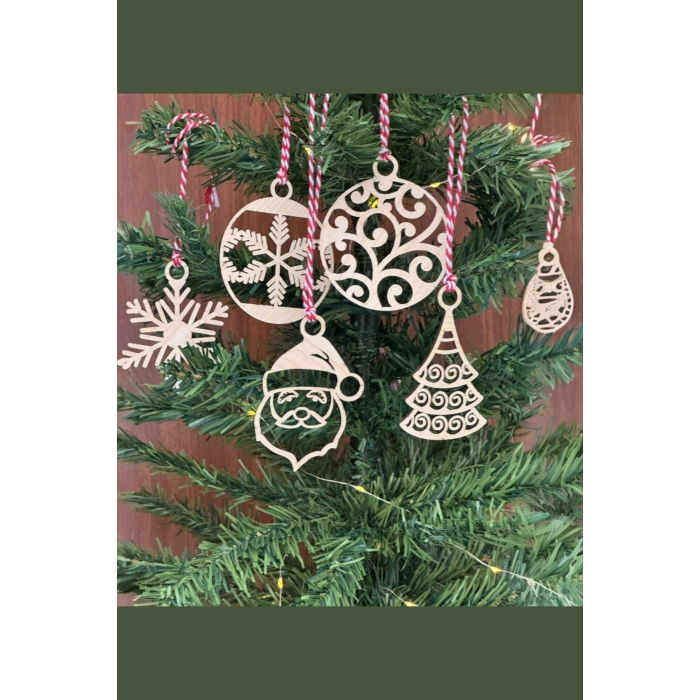 6 Parça Kırmızı Beyaz İpli Noel Babalı ve Kar Tanesi Model Ahşap Yılbaşı Ağaç Süsü