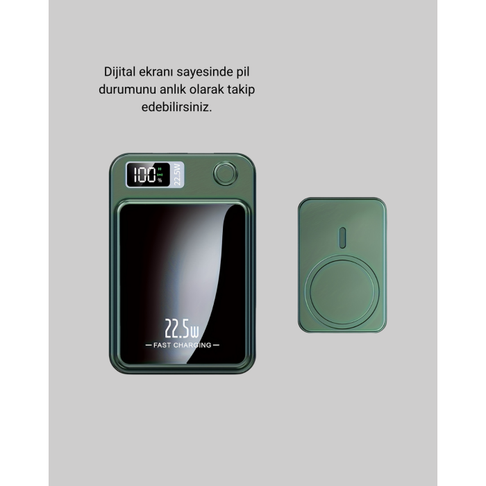 MagSafe Powerbank 10.000 mAh Kablosuz ve Dijital Ekranlı Hızlı Şarj Cihazı