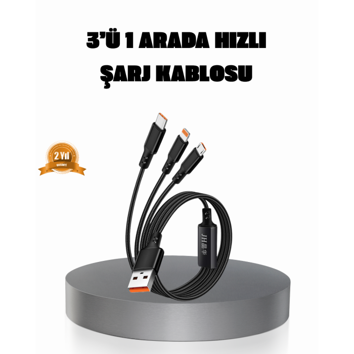 3’ü 1 Arada Şarj Kablosu Type-C iOS Android Uyumlu Hızlı ve Güvenli Şarj