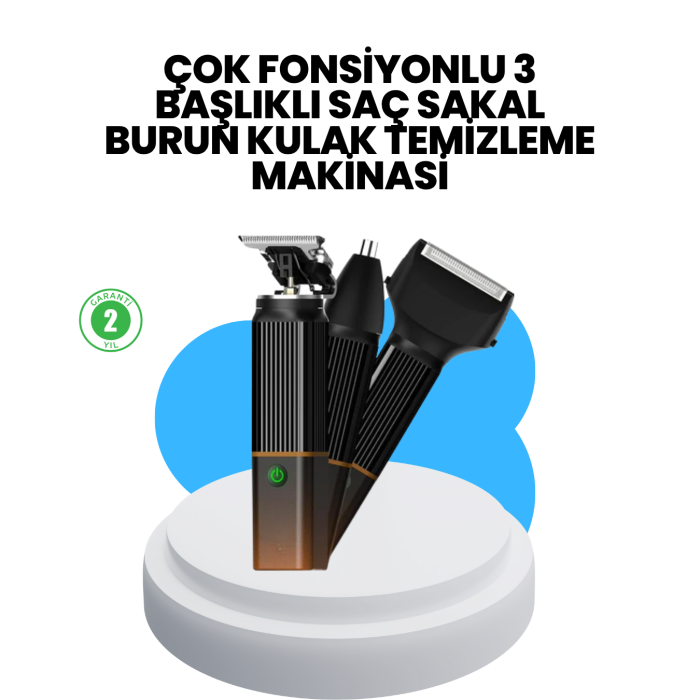3’ü 1 Arada Erkek Bakım Makinesi – Paslanmaz Çelik Başlıklı Şarjlı Tıraş Seti