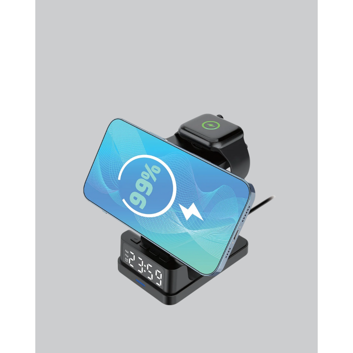 Kablosuz Şarj Cihazı ve Dijital Saat – 4’ü 1 Arada Hızlı Şarj, Apple Uyumlu, LED Işıklı Tasarım