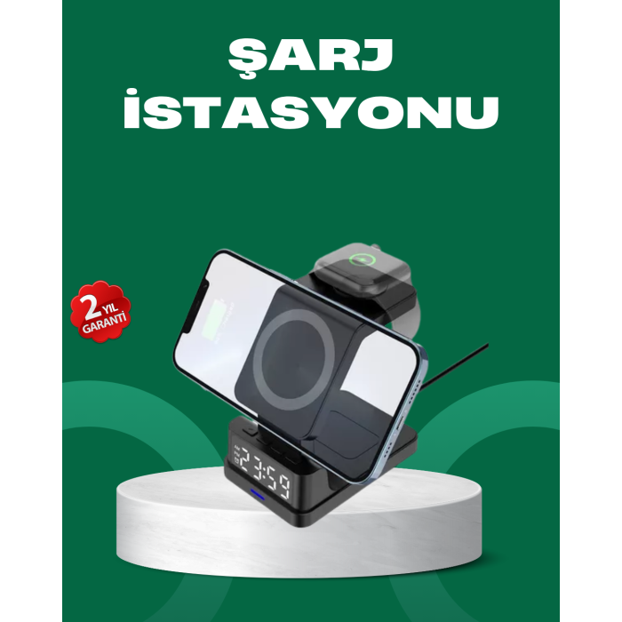 Dijital Saatli Kablosuz Şarj İstasyonu – 3’ü 1 Arada Apple Uyumlu Hızlı Şarj ve LED Ekran