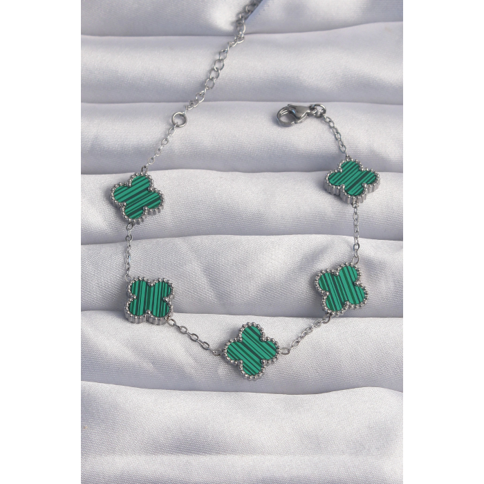 BFS 316L Çelik Gümüş Renk Çizgili Yeşil Mineli Yonca Bileklik