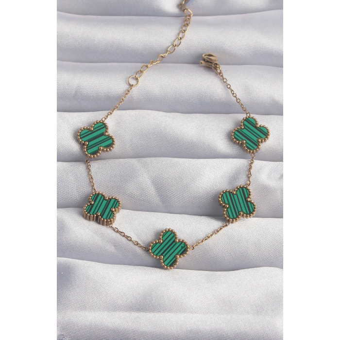 BFS 316L Çelik Gold Renk Çizgili Yeşil Mineli Yonca Bileklik