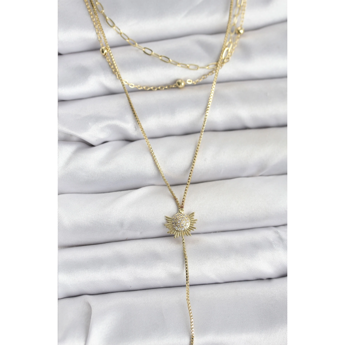 BFS Pirinç Gold Renk Zirkon Taşlı Güneş Model Detaylı 3lü Kombin Y Kadın Kolye