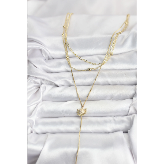 BFS Pirinç Gold Renk Zirkon Taşlı Güneş Model Detaylı 3lü Kombin Y Kadın Kolye